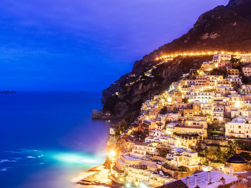 city, mountain, light, sea, twilight, evening