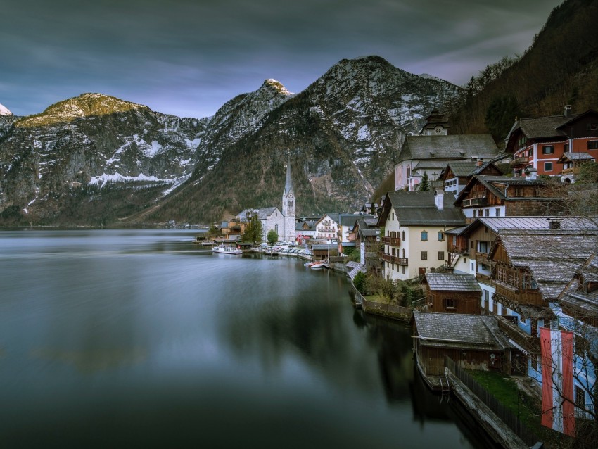 city, mountains, lake, buildings, architecture