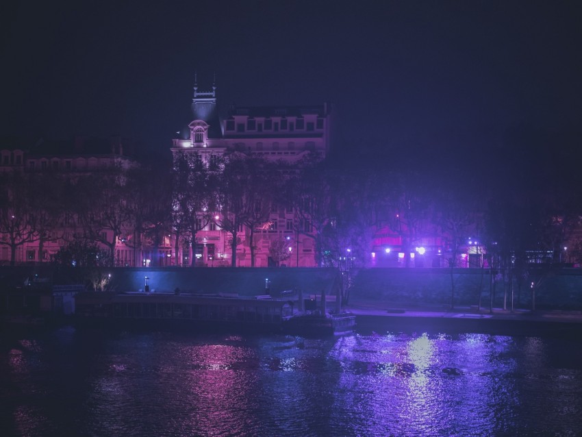 City Neon Light Night River Buildings Background