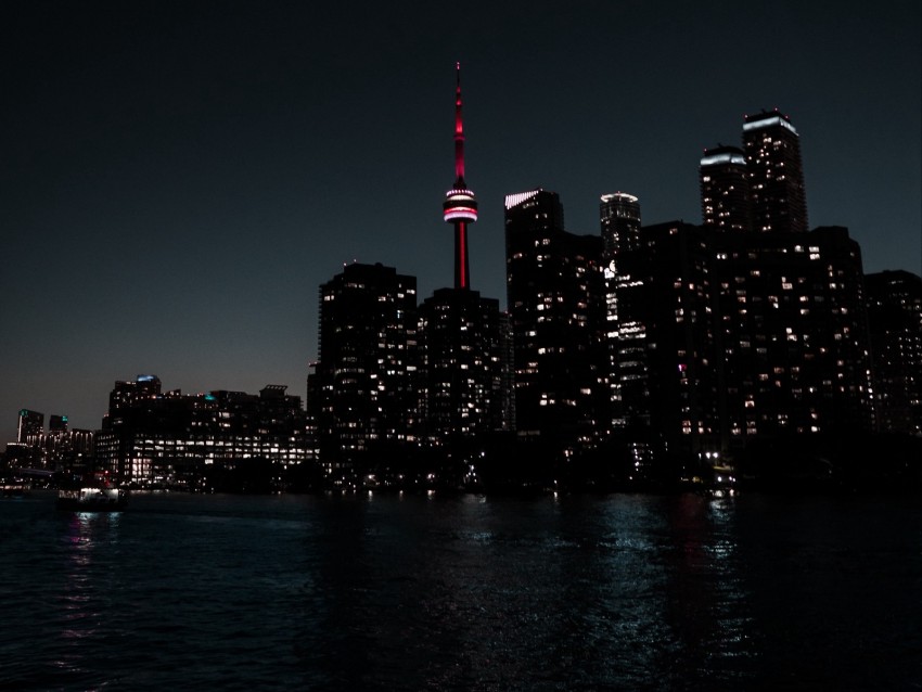 city, night, dark, buildings, water