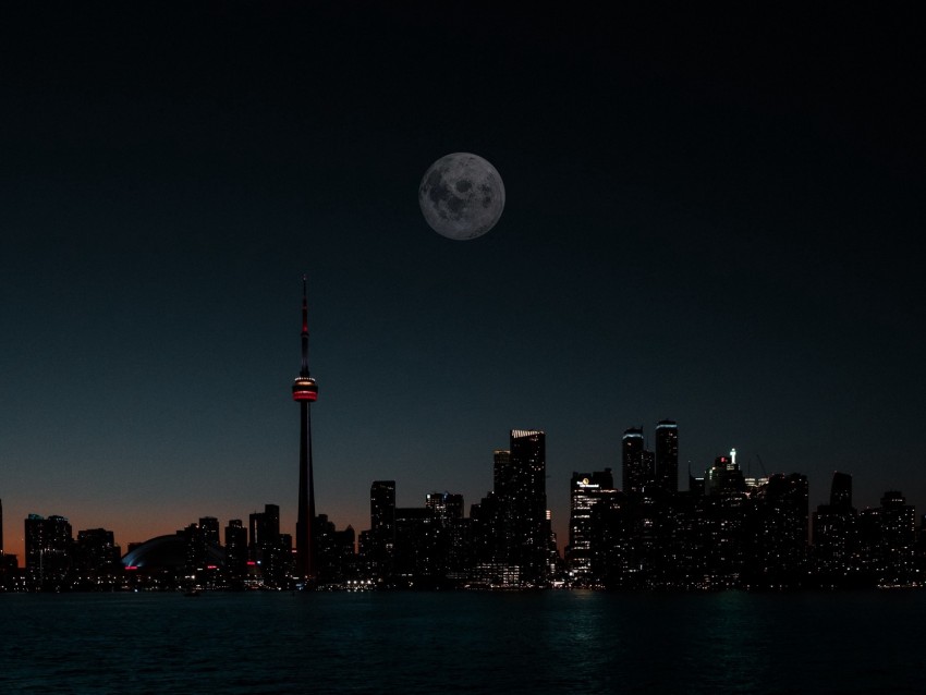 city, night, moon, buildings, water, dark