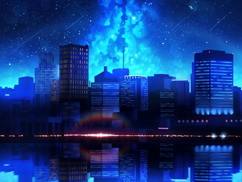 city, night, starry sky, water, reflection