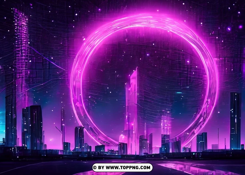 City Of Neon Dreams And Luminous Pink-purple Ring Wallpaper Flare PNG Transparent Background