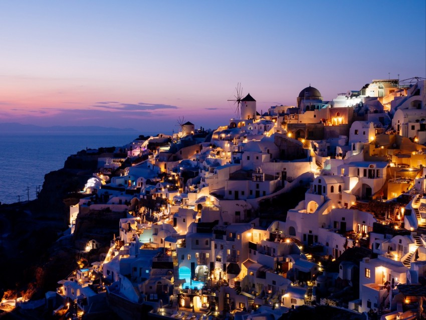 city, resort, sunset, architecture, buildings, oia, greece