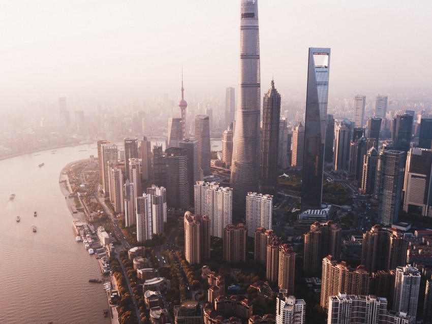 City River Aerial View Buildings Fog Metropolis Background