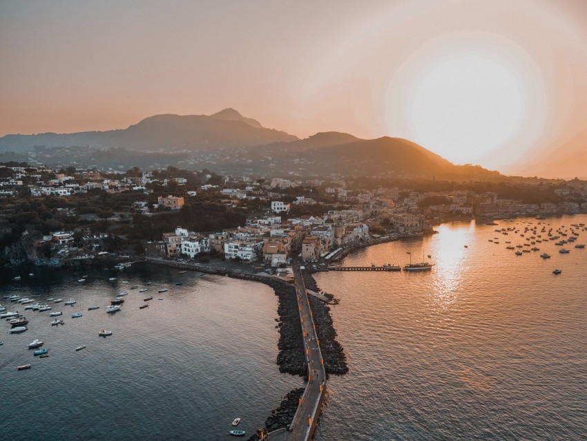 city, sea, bridge, aerial view, sunset