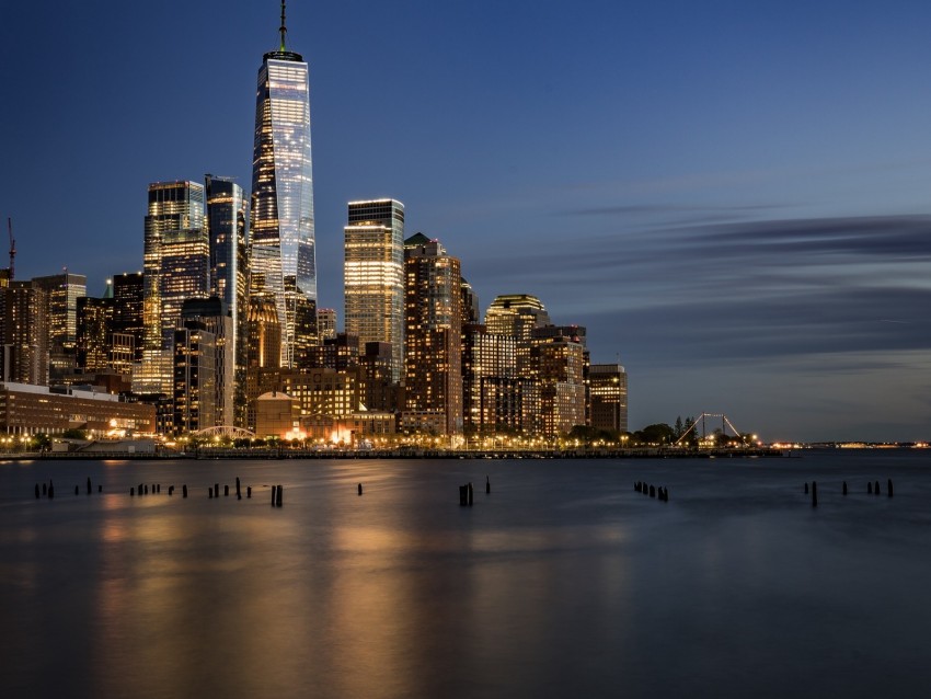 City Sea Coast Night Lights Reflection Background