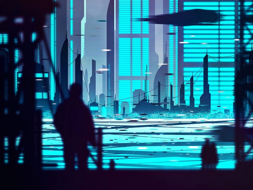 City Silhouette Cyberpunk Art Buildings Outlines Background