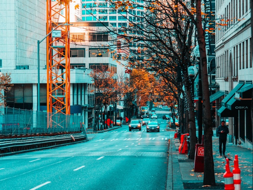 city, street, buildings, traffic, road, asphalt