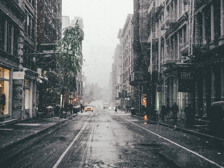 city, street, snowfall, winter, fog