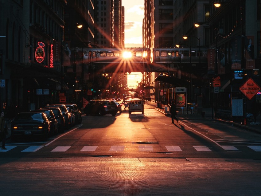 city, sunset, street, buildings