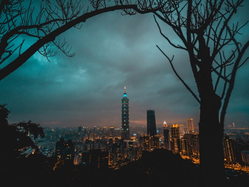 City Tower Cityscape Evening Lights Thunderclouds Background