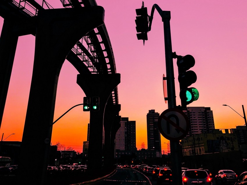 city, traffic, sunset, traffic light, sky