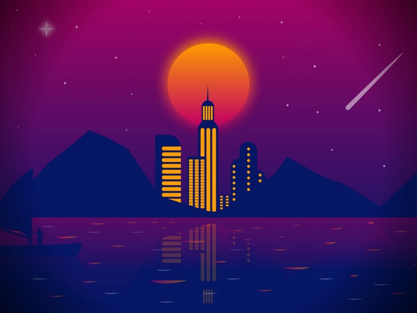 city, vector, art, night, moon