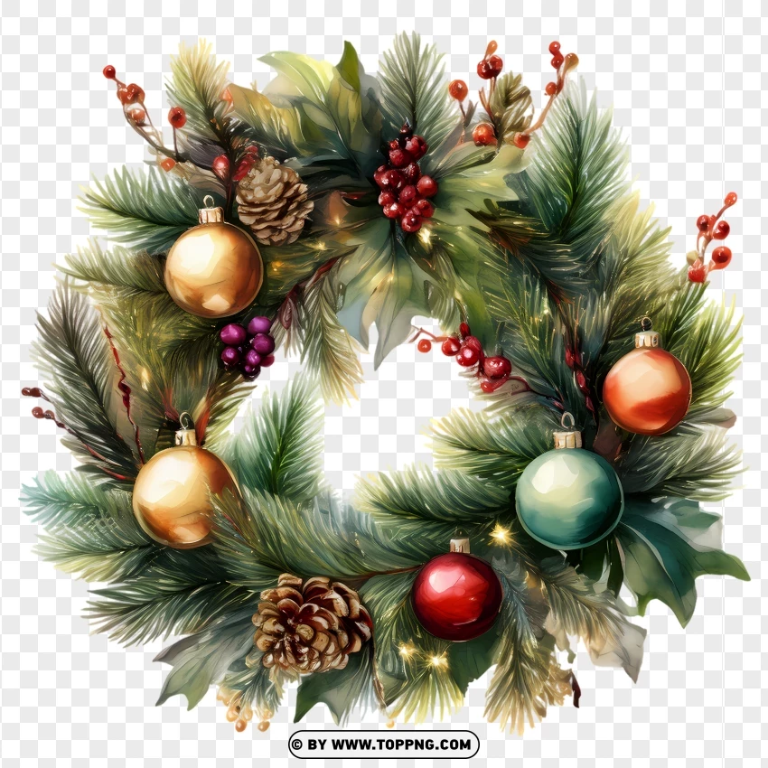 Classic Pine Christmas Wreath With Red And Gold Accents PNG Transparent Background