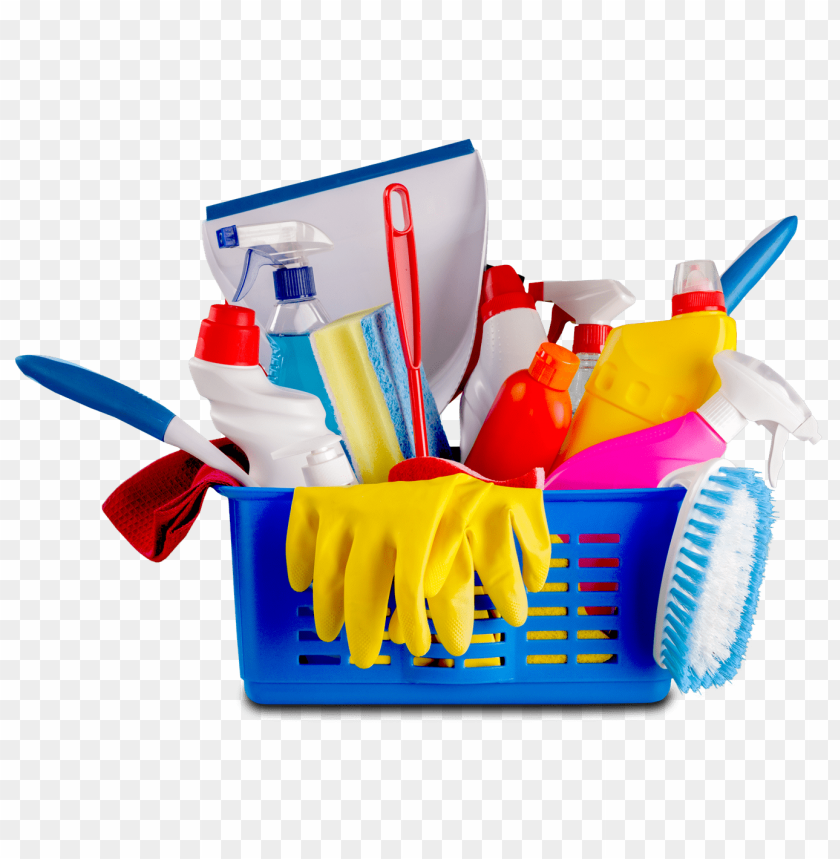 cleaning supplies, household cleaners, cleaning tools, disinfectant spray, scrub brushes, rubber gloves, cleaning basket