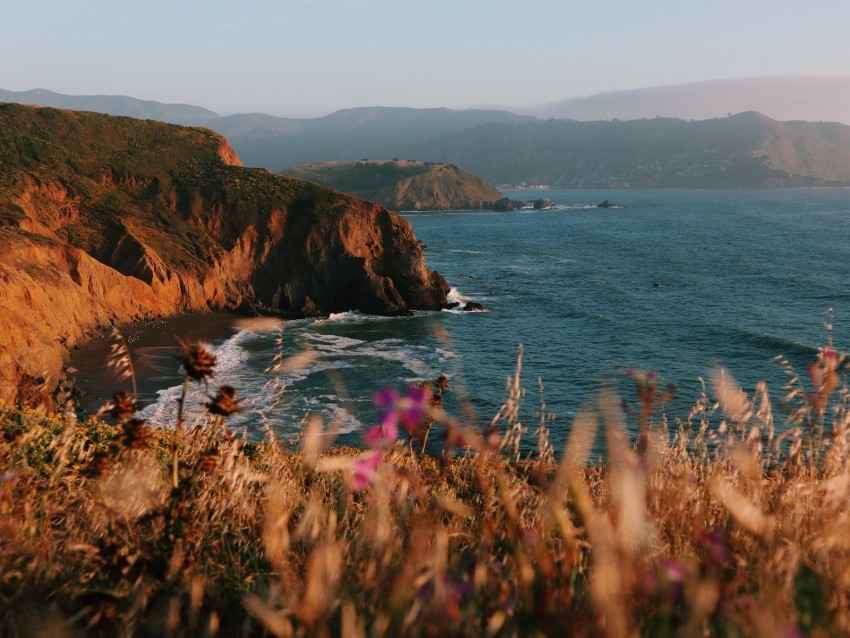 cliff, sea, mountains, fog, shore, grass