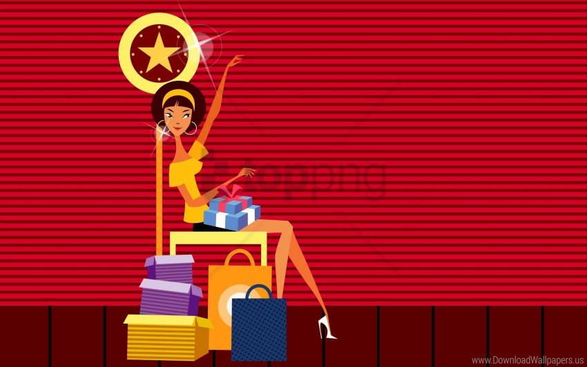 illustration, woman, gifts, shopping bags, colorful, festive, star