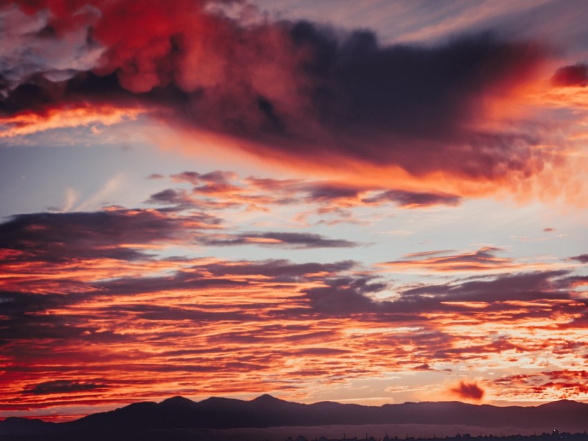 clouds, sunset, mountains, red, fiery