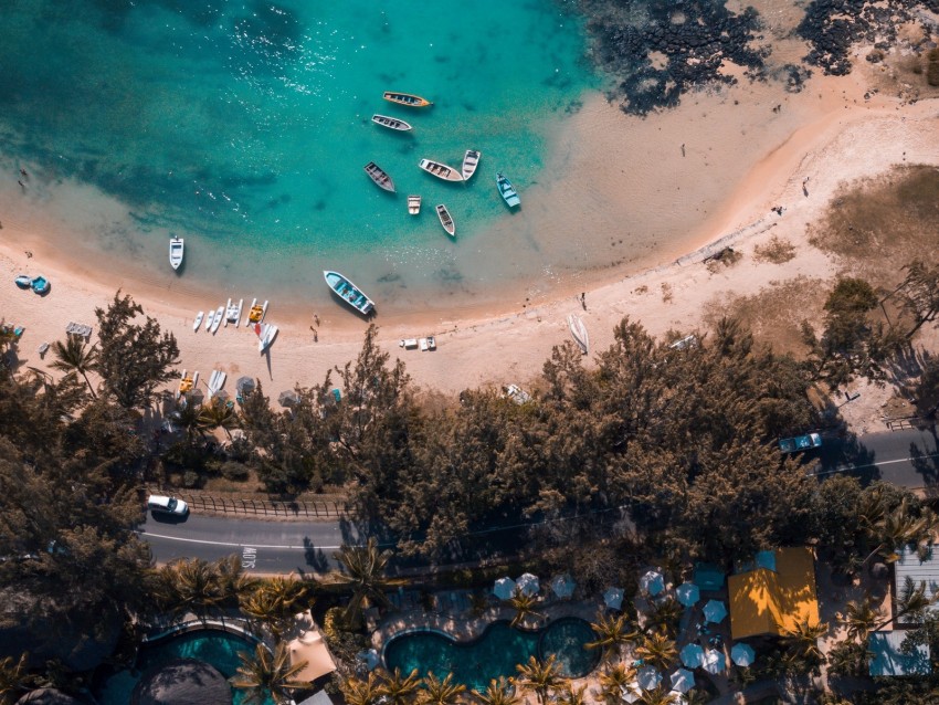 coast, aerial view, beach, road, buildings, trees