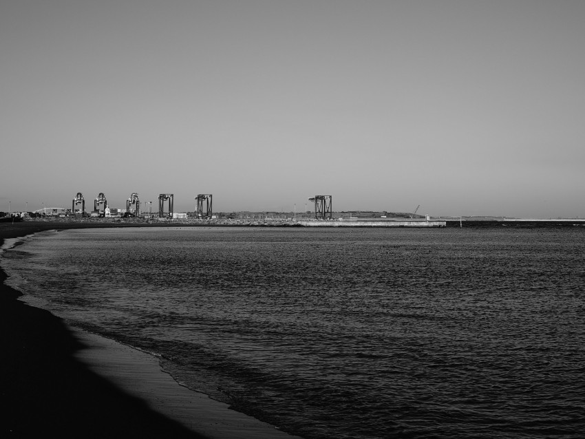 coast, sea, bw, beach, buildings