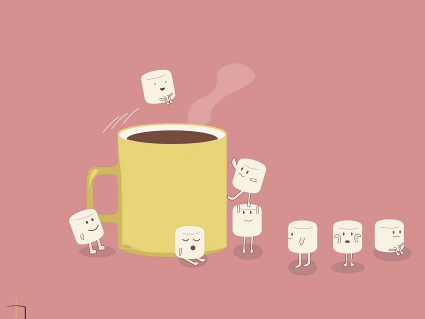 cocoa, marshmallow, humor, jumping, vector