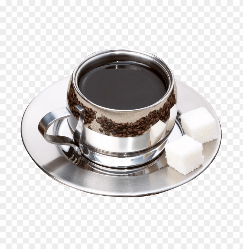 Black coffee in a stylish cup with sugar cubes on a silver plate