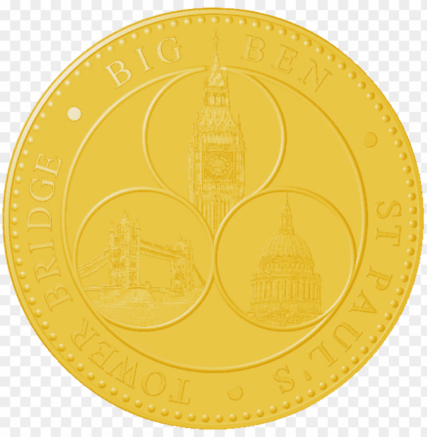 coin, gold medal, iconic landmarks, Big Ben, St. Paul's Cathedral, Tower Bridge, embossed design