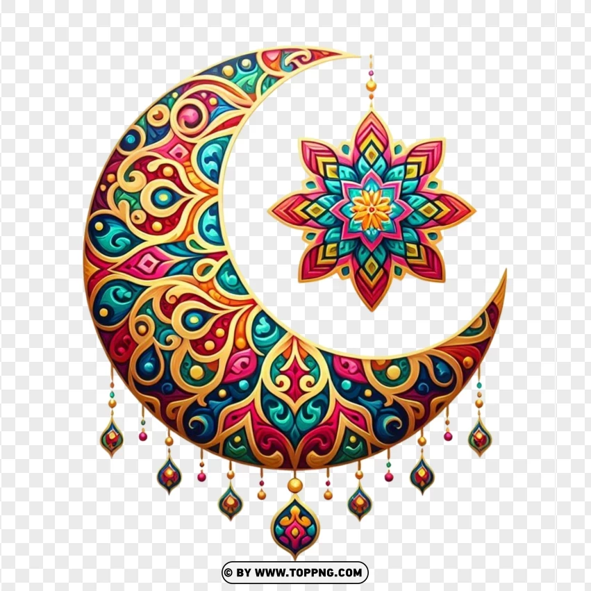 Colorful Arabesque Moon With A Star PNG Transparent Background