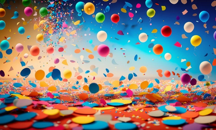 Colorful Balloon And Streamer Explosion Art PNG Transparent Background