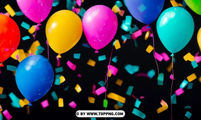 Festive Colorful balloons, Confetti celebration backdrop, Blurred bokeh party background, Colorful inflatable balloons decor, Festive event ambiance, Confetti-filled background, Luxury party scene