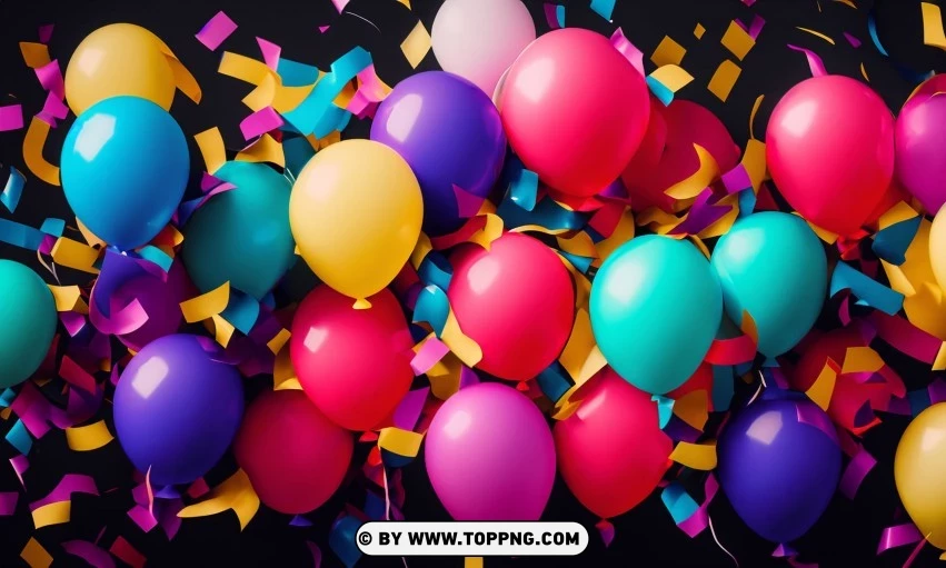 Festive Colorful balloons, Confetti celebration backdrop, Blurred bokeh party background, Colorful inflatable balloons decor, Festive event ambiance, Confetti-filled background, Luxury party scene