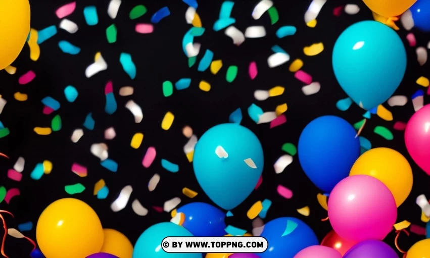 Festive Colorful balloons, Confetti celebration backdrop, Blurred bokeh party background, Colorful inflatable balloons decor, Festive event ambiance, Confetti-filled background, Luxury party scene