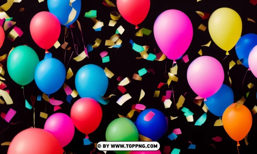 Festive Colorful balloons, Confetti celebration backdrop, Blurred bokeh party background, Colorful inflatable balloons decor, Festive event ambiance, Confetti-filled background, Luxury party scene