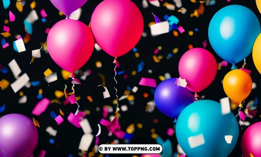 Festive Colorful balloons, Confetti celebration backdrop, Blurred bokeh party background, Colorful inflatable balloons decor, Festive event ambiance, Confetti-filled background, Luxury party scene