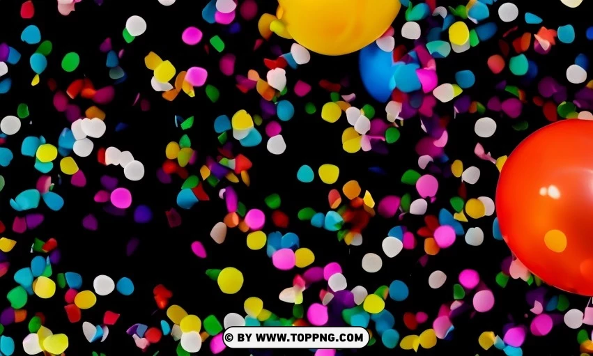 Festive Colorful balloons, Confetti celebration backdrop, Blurred bokeh party background, Colorful inflatable balloons decor, Festive event ambiance, Confetti-filled background, Luxury party scene