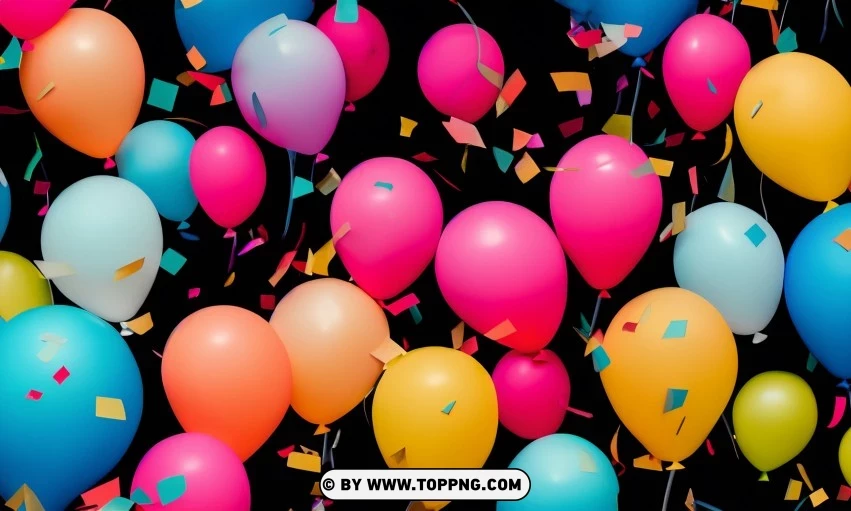 Festive Colorful balloons, Confetti celebration backdrop, Blurred bokeh party background, Colorful inflatable balloons decor, Festive event ambiance, Confetti-filled background, Luxury party scene