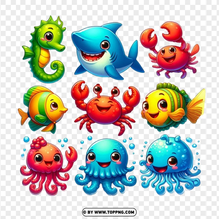 Colorful Cartoon Smiling Sea Animals Clipart Collection PNG Transparent Background