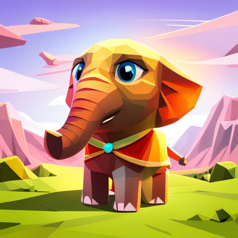 Adorable baby elephant, Colorful cloak, Vibrant colors,Low poly art, Whimsical design, Joyful illustration,Elephant head