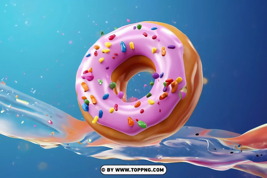 Colorful Glazed Donuts With Splashes On Blue PNG Transparent Background