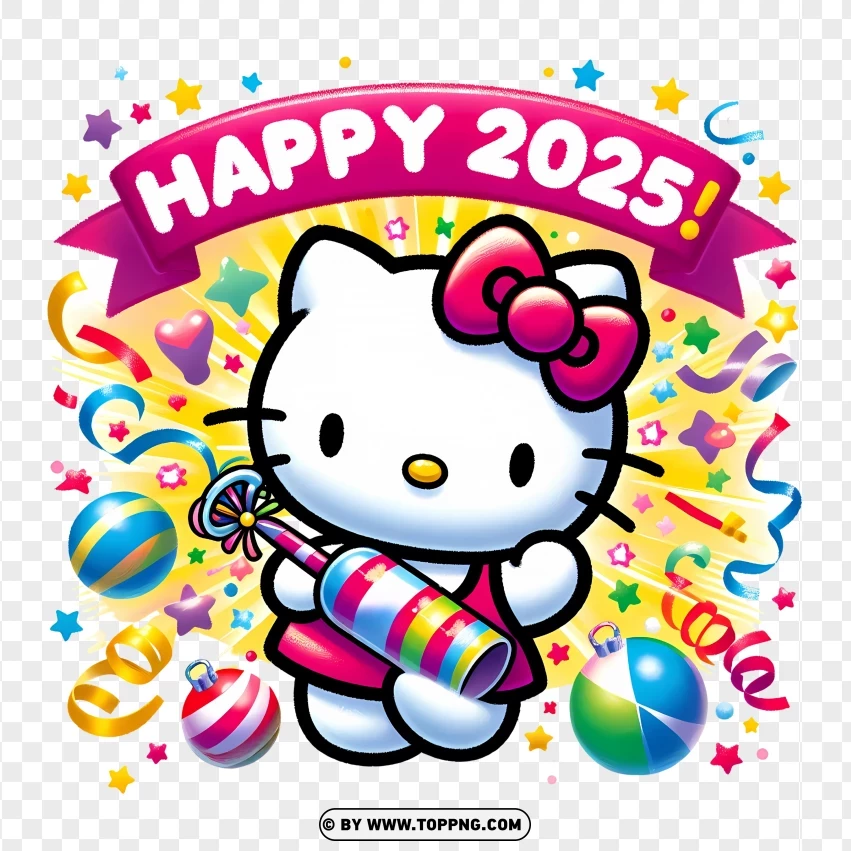 Colorful Happy 2025 Celebration With Hello Kitty And Confetti PNG Transparent Background