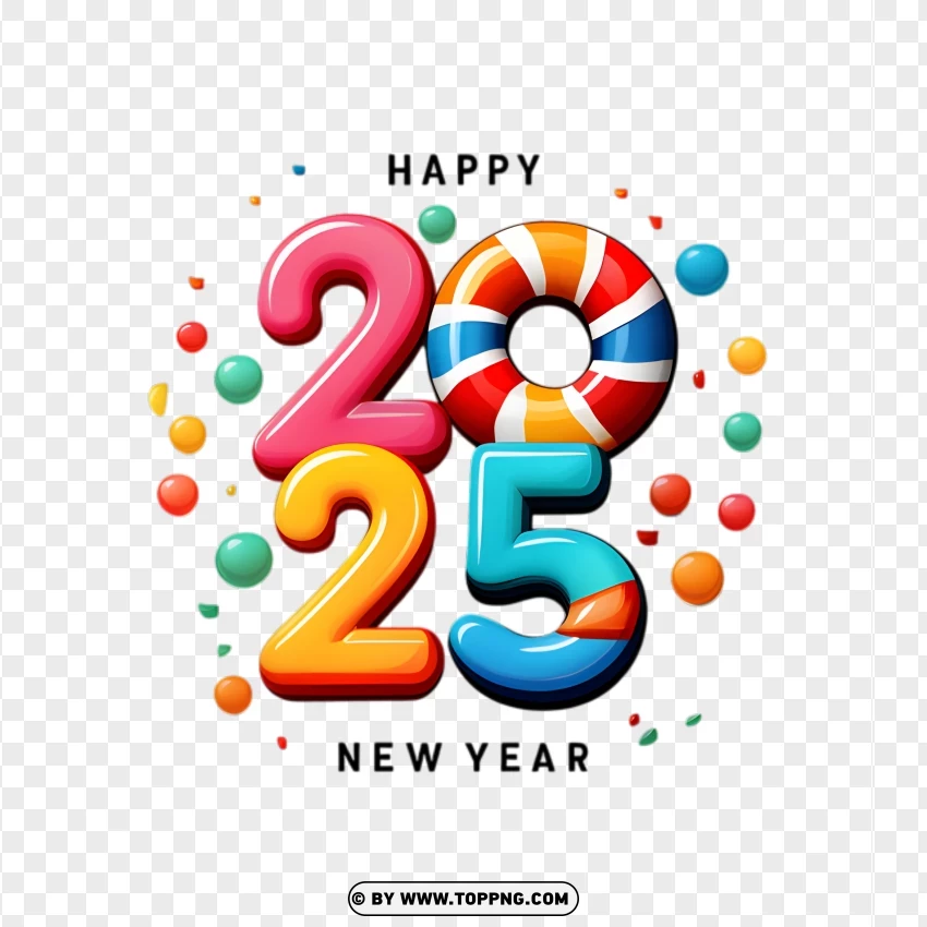 Colorful New Year 2025 Design With Confetti PNG Transparent Background