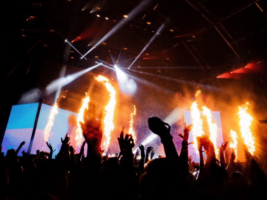 Concert Stage Fire Spotlights Dark Background