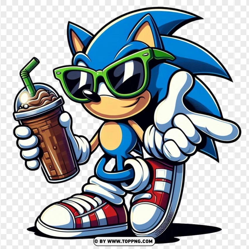 Cool Sonic The Hedgehog With Sunglasses And Drink PNG Transparent Background