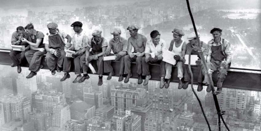 construction workers, skyscraper, city skyline, historic photo, men at work, black and white, teamwork