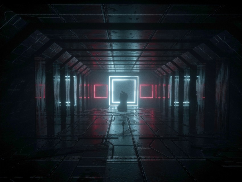 corridor, dark, neon, glow, light