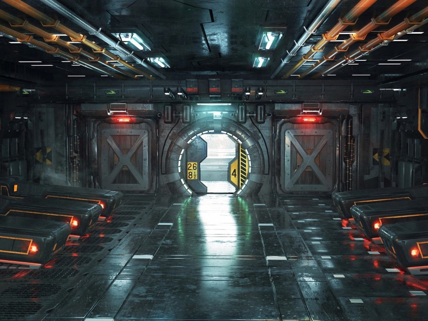 corridor, door, sci-fi, art