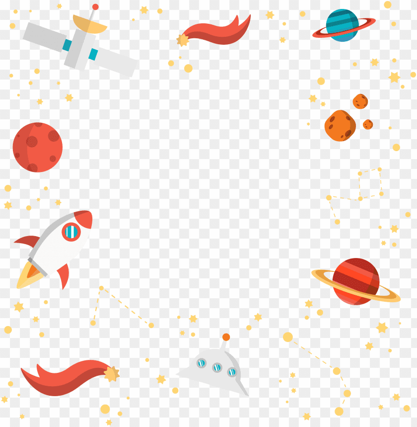 Colorful space-themed design with rockets, planets, and stars PNG