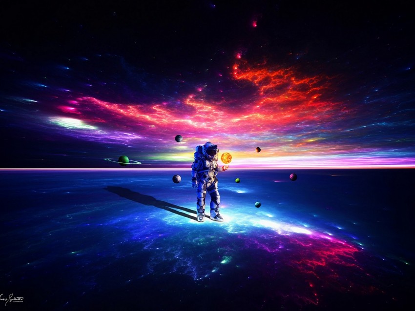 cosmonaut, astronaut, space suit, space, planets, colorful