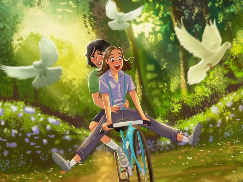 couple, bicycle, love, romance, art, happiness